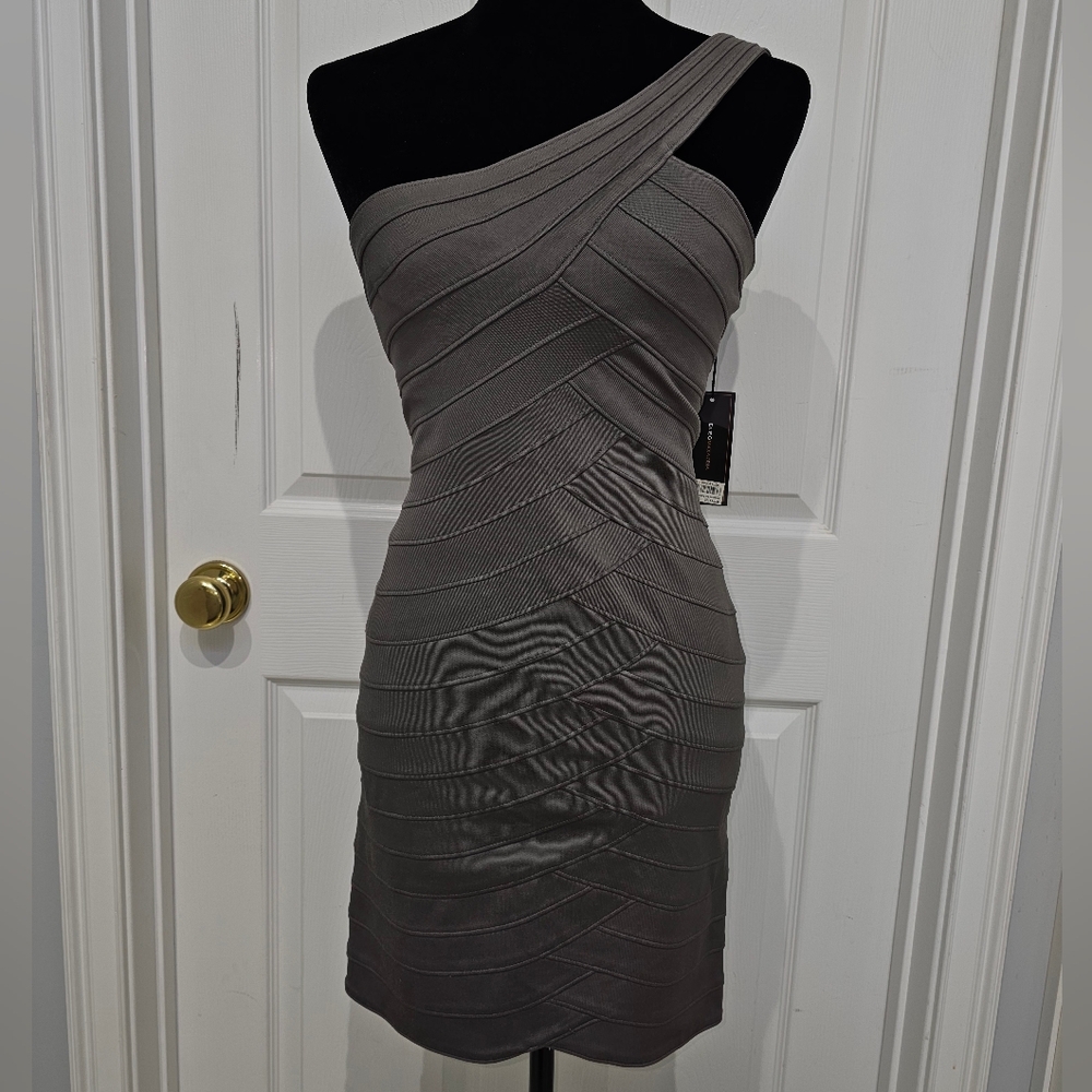 BCBGMaxAzria One-Shoulder Charcoal/Olive Dress, XS, NWT - Picture 3 of 12